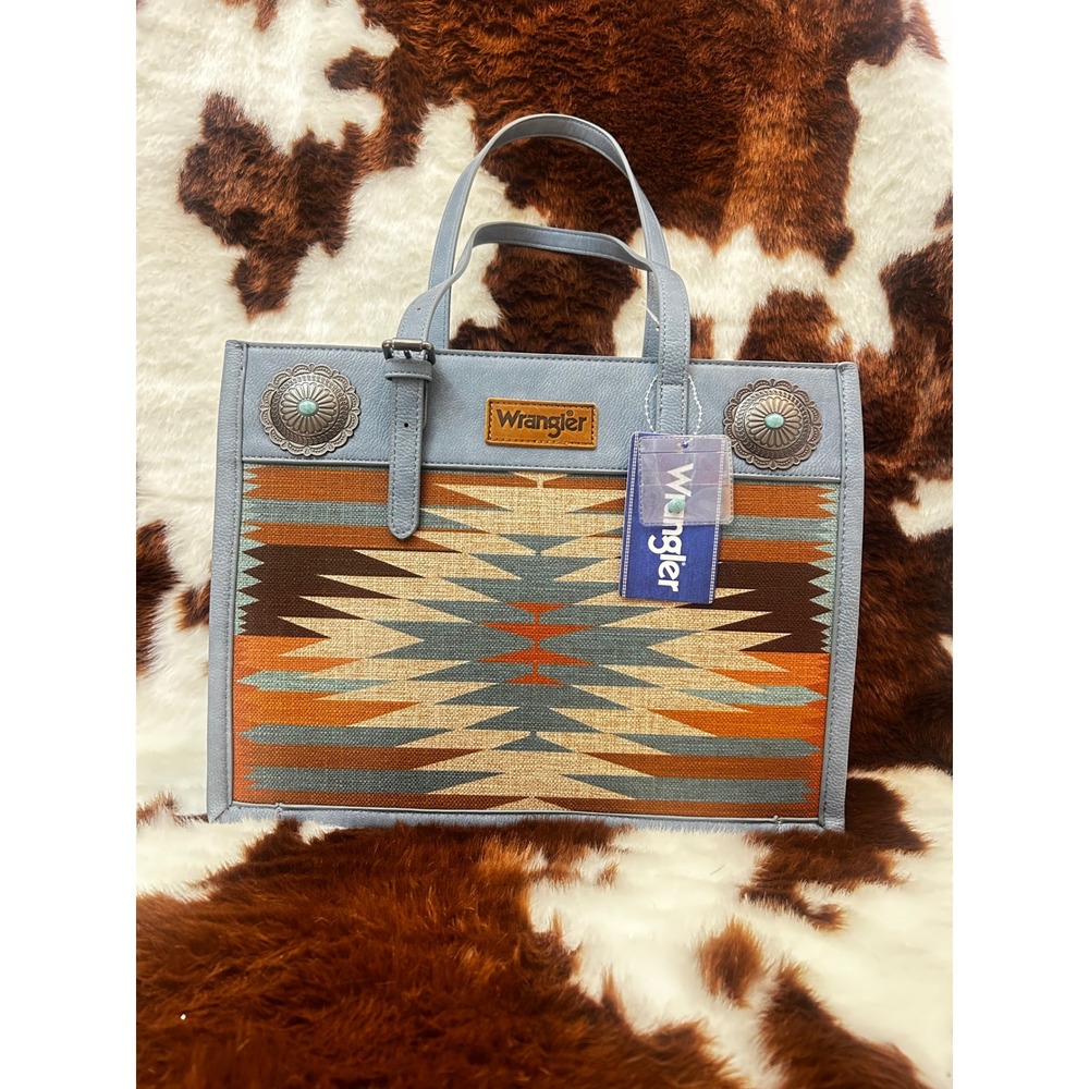 Wrangler Aztec Print Tote Bag Blue‎ Faux Leather Western Concho Handbag NEW